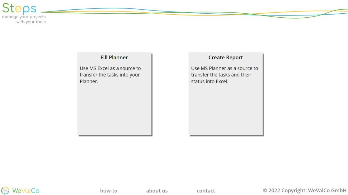 Oberfläche von Steps mit der Auswahl Projektpläne von Excel in MS Planner zu übertragen oder Excel Reports aus MS Plänen zu erstellen