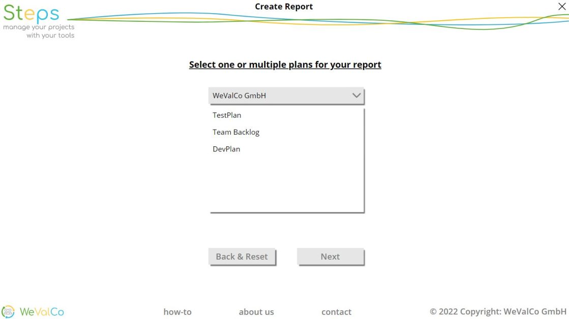 Select one or more project plans to generate a project report.
